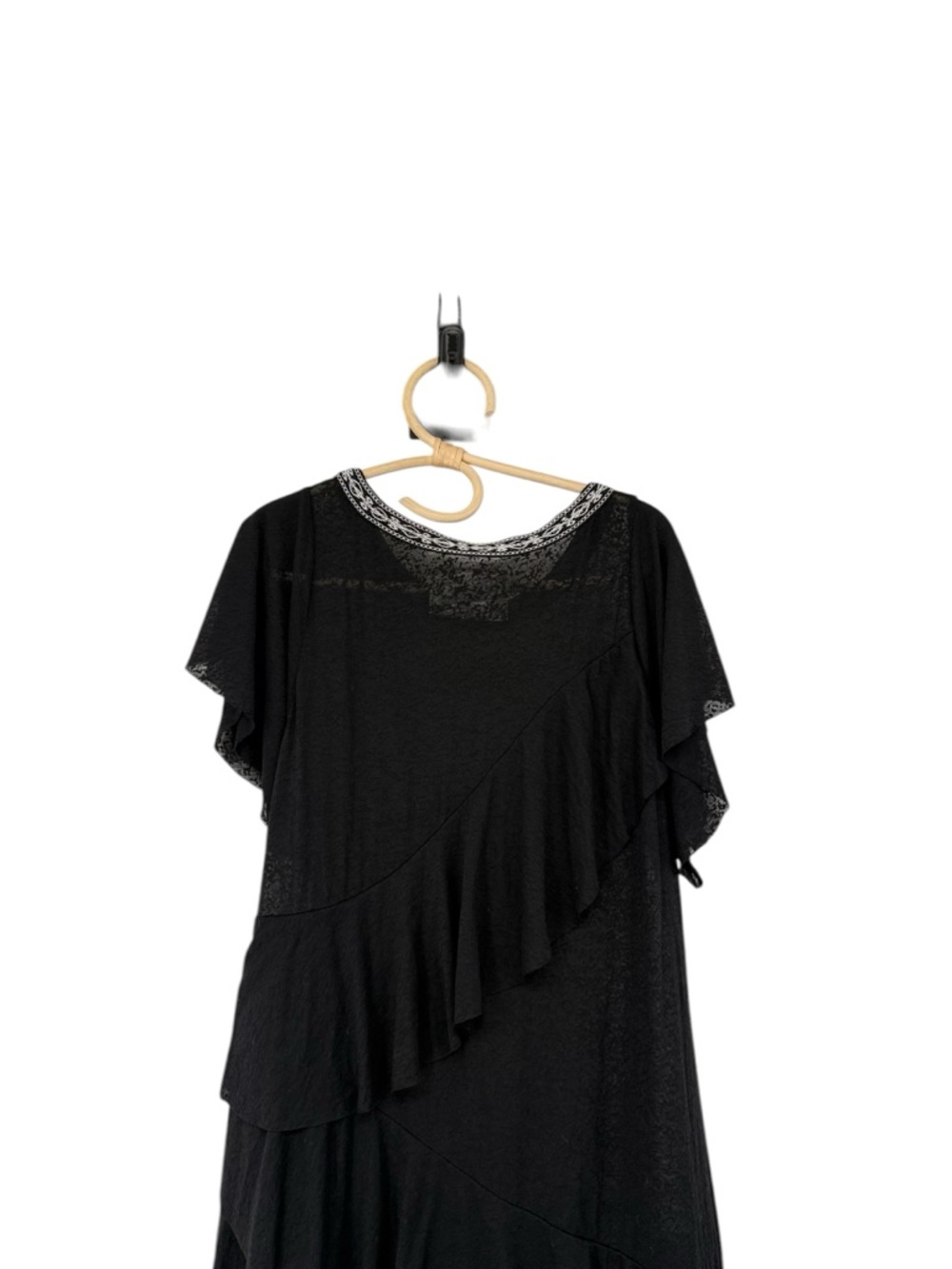 Pitusa Black Ruffle Dress Embroidered Neck Boho Tiered Sheer Peru Size S/M - Picture 11 of 16